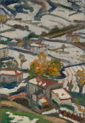 Kastraki Snow Without Sky — Oil painting, Fiberboard, 35.00×50.00cm — Theodoros Markellos